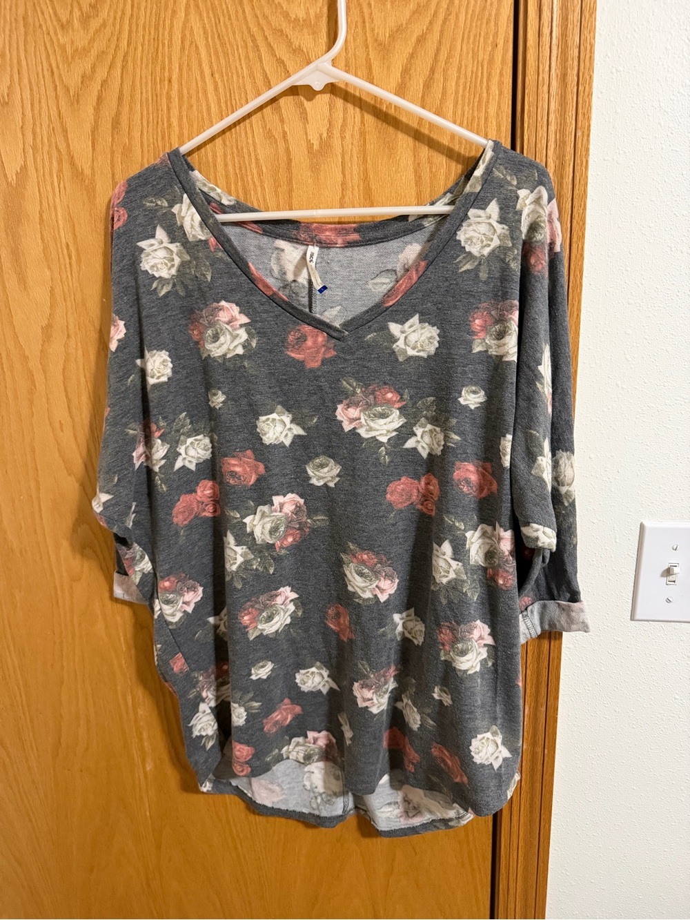 Floral V-Neck Women’s Top in Charcoal with Pink & Cream Roses